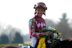 LEXINGTON, KENTUCKY - NOVEMBER 04: Jockey Tyler Gaffalione celebrates after riding Wonder Wheel to win the NetJets Breeders