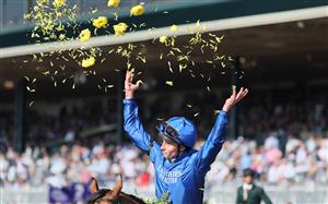 LEXINGTON, KENTUCKY - NOVEMBER 04: Jockey William Buck celebrates after his horse Mischief Magic won the Juvenile Turf Sprint during the 2022 Breeders Cup at Keeneland Race Course on November 04, 2022 in Lexington, Kentucky. (Photo by Andy Lyons/Getty Images)