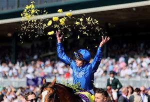 LEXINGTON, KENTUCKY - NOVEMBER 04: Jockey William Buck celebrates after his horse Mischief Magic won the Juvenile Turf Sprint during the 2022 Breeders Cup at Keeneland Race Course on November 04, 2022 in Lexington, Kentucky. (Photo by Andy Lyons/Getty Images)