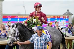 LEXINGTON, KENTUCKY - NOVEMBER 05: Jockey Tyler Gaffalione celebrates after riding Caravel to win the Breeders