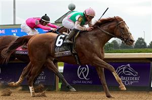 LEXINGTON, KENTUCKY - NOVEMBER 05: Jockey Irad Ortiz Jr. rides Elite Power to win the Qatar Racing Breeders