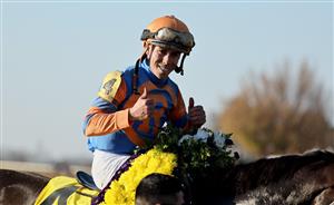 LEXINGTON, KENTUCKY - NOVEMBER 04: Irad Ortiz Jr celebrates after guiding Forte to victory in the Breeders