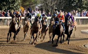 LEXINGTON, KENTUCKY - NOVEMBER 04: Irad Ortiz Jr a board Forte ( far left #4) runs to victory in the Breeders
