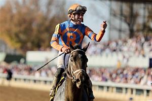 LEXINGTON, KENTUCKY - NOVEMBER 04: Irad Ortiz Jr celebrates after guiding Forte to victory in the Breeders