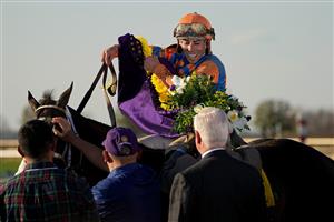 LEXINGTON, KENTUCKY - NOVEMBER 04: Jockey Irad Ortiz Jr. celebrates after riding Forte to win the FanDuel Breeders