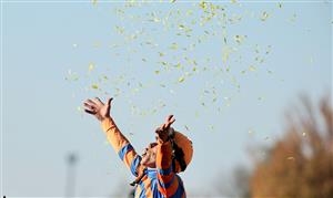 LEXINGTON, KENTUCKY - NOVEMBER 04: Irad Ortiz Jr celebrates after guiding Forte to victory in the Breeders