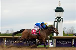 LEXINGTON, KENTUCKY - NOVEMBER 05: Jockey John Velazquez rides Malathaat to win the Longines Breeders
