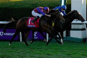 LEXINGTON, KENTUCKY - NOVEMBER 04: Jockey Ryan Moore rides Victoria Road to win the Breeder