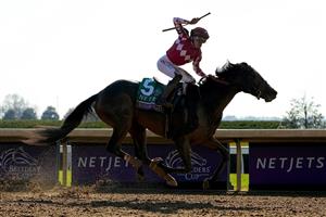 LEXINGTON, KENTUCKY - NOVEMBER 04: Jockey Tyler Gaffalione rides Wonder Wheel to win the NetJets Breeders