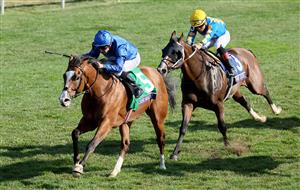 LEXINGTON, KENTUCKY - NOVEMBER 04: Mischief Magic with jockey William Buck wins the Juvenile Turf Sprint during the 2022 Breeders Cup at Keeneland Race Course on November 04, 2022 in Lexington, Kentucky. (Photo by Andy Lyons/Getty Images)