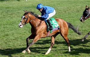 LEXINGTON, KENTUCKY - NOVEMBER 04: Mischief Magic with jockey William Buck wins the Juvenile Turf Sprint during the 2022 Breeders Cup at Keeneland Race Course on November 04, 2022 in Lexington, Kentucky. (Photo by Andy Lyons/Getty Images)