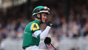 LEXINGTON, KENTUCKY - NOVEMBER 05: Jockey Flavien Prat celebrates after riding Flightline to win the Longines Breeders