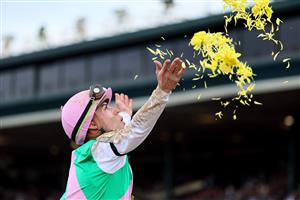 LEXINGTON, KENTUCKY - NOVEMBER 05: Jockey Irad Ortiz Jr. celebrates after riding Elite Power to win the Qatar Racing Breeders