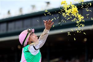 LEXINGTON, KENTUCKY - NOVEMBER 05: Jockey Irad Ortiz Jr. celebrates after riding Elite Power to win the Qatar Racing Breeders