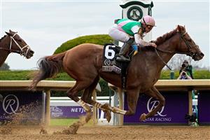 LEXINGTON, KENTUCKY - NOVEMBER 05: Jockey Irad Ortiz Jr. rides Elite Power to win the Qatar Racing Breeders