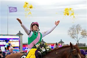 LEXINGTON, KENTUCKY - NOVEMBER 05: Jockey Irad Ortiz Jr. celebrates after riding Elite Power to win the Qatar Racing Breeders