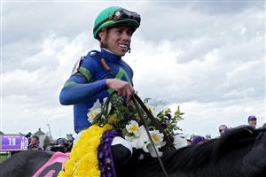 LEXINGTON, KENTUCKY - NOVEMBER 05: Jockey Irad Ortiz Jr. celebrates after riding Goodnight Olive to win the Breeders