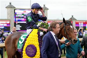 LEXINGTON, KENTUCKY - NOVEMBER 05: Jockey Ryan Moore celebrates after riding Tuesday to win the Maker