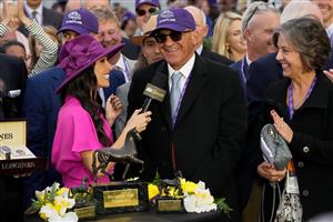LEXINGTON, KENTUCKY - NOVEMBER 05: John W. Sadler, trainer of Flightline, is interviewed after winning the Longines Breeders