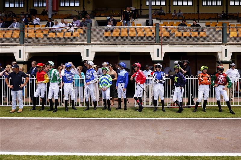NEWCASTLE, AUSTRALIA - NOVEMBER 12: Jockeys line up for race 2 the Tab Highway Handicap during Racing at Newcastle Racecourse on November 12, 2022 in Newcastle, Australia. (Photo by Mark Evans/Getty Images)