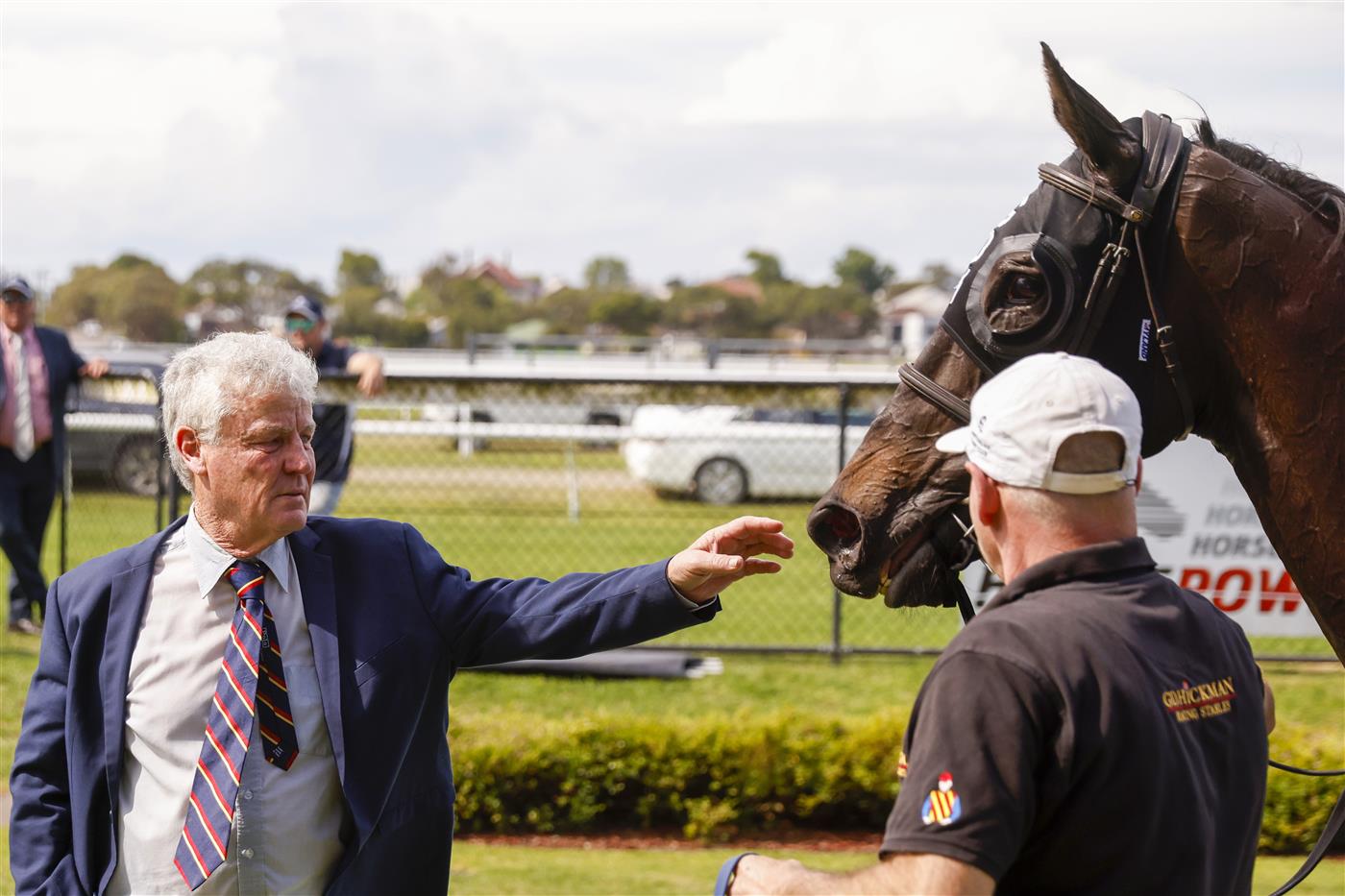 NEWCASTLE, AUSTRALIA - NOVEMBER 12: Trainer Greg Hickman pats Rondino after winning race 6 the Alf Kneebone Trans-tasman Trophy during Racing at Newcastle Racecourse on November 12, 2022 in Newcastle, Australia. (Photo by Mark Evans/Getty Images)