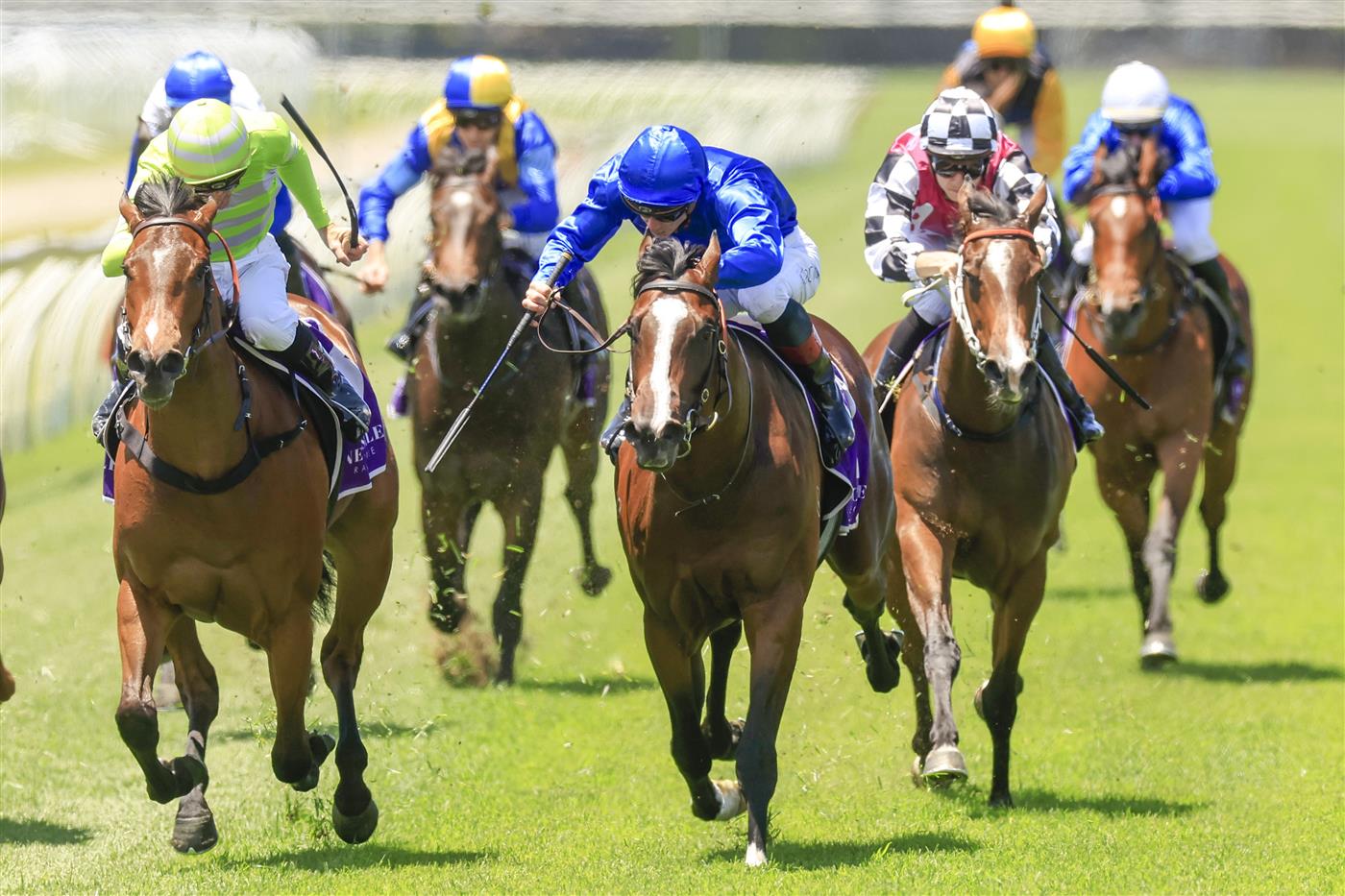NEWCASTLE, AUSTRALIA - NOVEMBER 12: Jay Ford (lime colours) on Fire Lane wins race 1 the Nzb Airfreight Max Lees Classic during Racing at Newcastle Racecourse on November 12, 2022 in Newcastle, Australia. (Photo by Mark Evans/Getty Images)