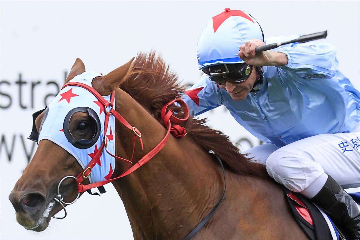 NEWCASTLE, AUSTRALIA - NOVEMBER 12: Glyn Schofield on Coal Crusher wins race 9 the Karaka 2023 Bm88 Handicap during Racing at Newcastle Racecourse on November 12, 2022 in Newcastle, Australia. (Photo by Mark Evans/Getty Images)