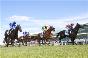 NEWCASTLE, AUSTRALIA - NOVEMBER 12: Tyler Schiller on Rondino wins race 6 the Alf Kneebone Trans-Tasman Trophy Benchmark 88 Handicap during Sydney Racing at  on November 12, 2022 in Newcastle, Australia. (Photo by Mark Evans/Getty Images)