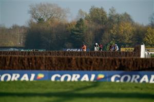NEWBURY, ENGLAND - NOVEMBER 25: A general view as runners approach a fence in the straight during The Coral Bet Bundles Handicap Chase at Newbury Racecourse on November 25, 2022 in Newbury, England. (Photo by Alan Crowhurst/Getty Images)