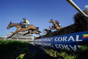 NEWBURY, ENGLAND - NOVEMBER 25: A general view as runners clear the water jump during The Coral Racing Club Novices