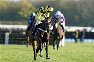 NEWBURY, ENGLAND - NOVEMBER 25: Nico de Boinville riding Jet Powered clear the last to easily win The Coral Bet Bundles
