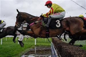 NEWBURY, ENGLAND - NOVEMBER 26: Adam Wedge riding Demachine clear the water jump during The Sir Peter O