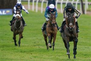 NEWBURY, ENGLAND - NOVEMBER 26: Harry Cobden riding McFabulous clear the last to win The Coral John Francome Novices