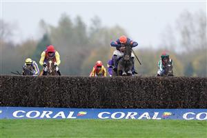 NEWBURY, ENGLAND - NOVEMBER 26: Harry Skelton riding Le Milos (orange cap) clear the last to win The Coral Gold Cup Handicap Chase at Newbury Racecourse on November 26, 2022 in Newbury, England. (Photo by Alan Crowhurst/Getty Images)