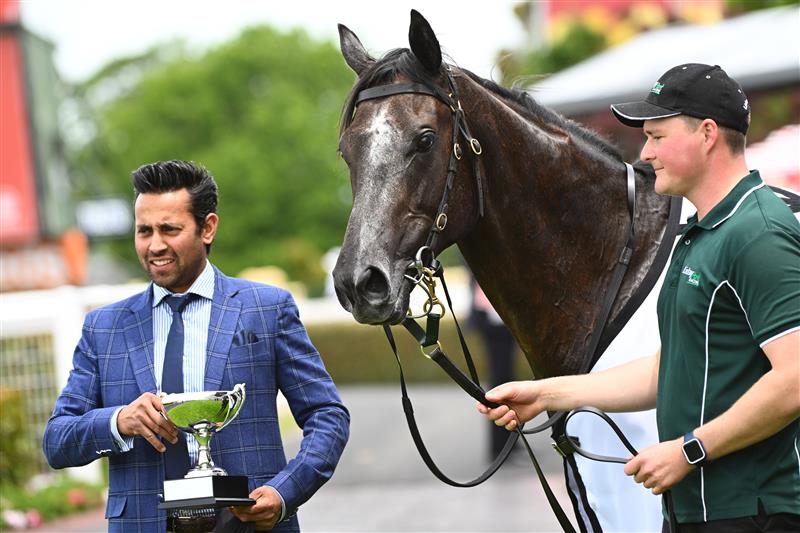 MELBOURNE, AUSTRALIA - NOVEMBER 26: Little Brose after winning Race 1, the Thoroughbred Club Merson Cooper Stakes, during Melbourne Racing at Caulfield Racecourse on November 26, 2022 in Melbourne, Australia. (Photo by Vince Caligiuri/Getty Images)