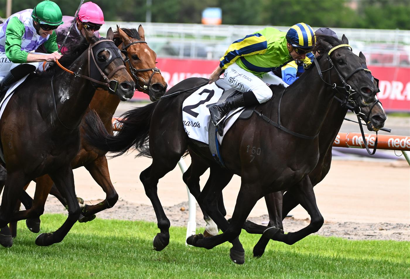 MELBOURNE, AUSTRALIA - NOVEMBER 26: Blake Shinn riding Milford winning Race 6, the Lamaro's Hotel Eclipse Stakes, during Melbourne Racing at Caulfield Racecourse on November 26, 2022 in Melbourne, Australia. (Getty)