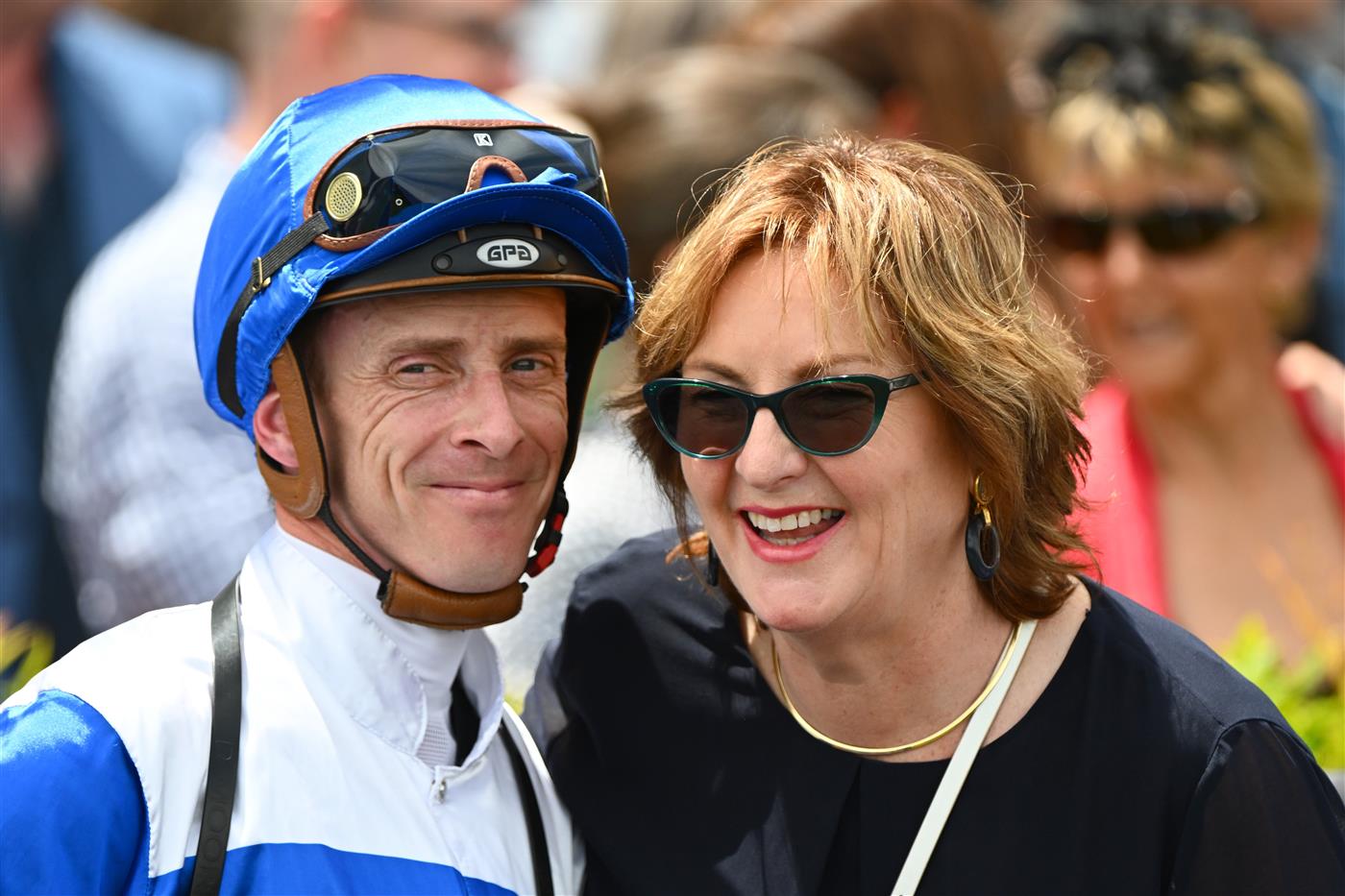 MELBOURNE, AUSTRALIA - NOVEMBER 26: Daniel Moor poses with trainer Cindy Alderson after riding Jigsaw to win Race 3, the Premier Signs Doveton Stakes, during Melbourne Racing at Caulfield Racecourse on November 26, 2022 in Melbourne, Australia. (Photo by Vince Caligiuri/Getty Images)