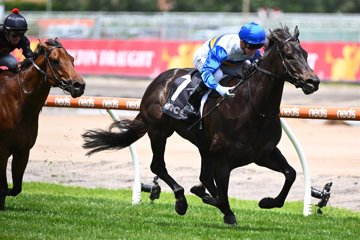 MELBOURNE, AUSTRALIA - NOVEMBER 26: Daniel Moor riding Jigsaw winning Race 3, the Premier Signs Doveton Stakes, during Melbourne Racing at Caulfield Racecourse on November 26, 2022 in Melbourne, Australia. (Photo by Vince Caligiuri/Getty Images)