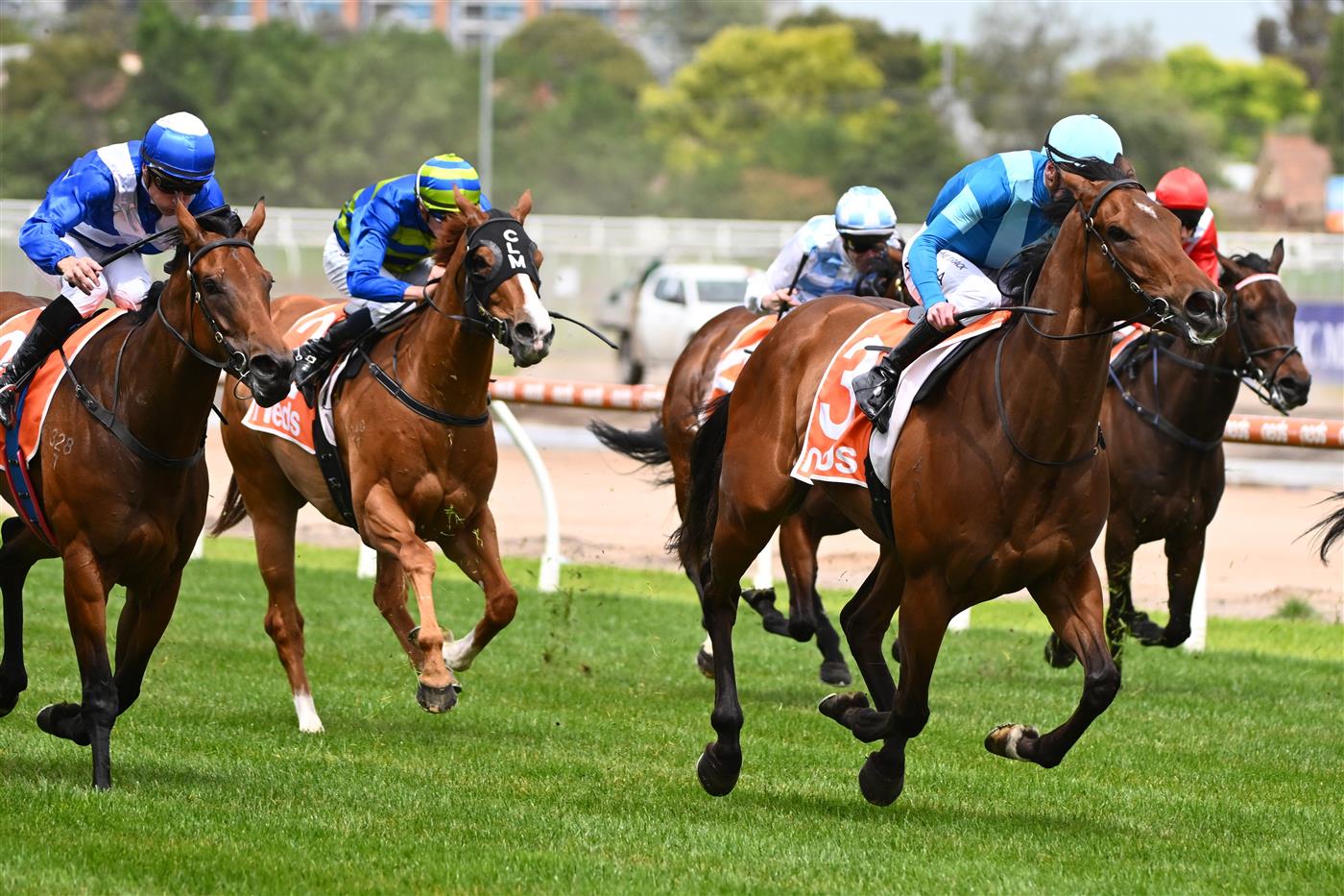 MELBOURNE, AUSTRALIA - NOVEMBER 26: Mark Zahra riding Crosshaven winning Race 5, the Kevin Heffernan Stakes, during Melbourne Racing at Caulfield Racecourse on November 26, 2022 in Melbourne, Australia. (Photo by Vince Caligiuri/Getty Images)