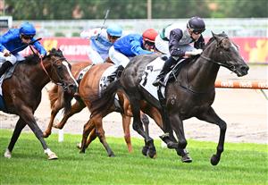 MELBOURNE, AUSTRALIA - NOVEMBER 26: Michael Dee riding Little Brose winning Race 1, the Thoroughbred Club Merson Cooper Stakes, during Melbourne Racing at Caulfield Racecourse on November 26, 2022 in Melbourne, Australia. (Photo by Vince Caligiuri/Getty Images)