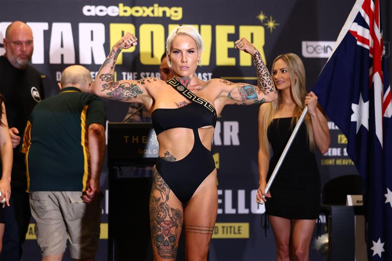 GOLD COAST, AUSTRALIA - DECEMBER 02: Bec Rodriguez during the Ace Boxing Event weigh-ins at The Star Gold Coast on December 02, 2022 in Gold Coast, Australia. (Photo by Chris Hyde/Getty Images)