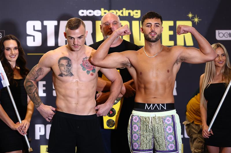 GOLD COAST, AUSTRALIA - DECEMBER 02: Ricky Esliva and Luke Modini face off during the Ace Boxing Event weigh-ins at The Star Gold Coast on December 02, 2022 in Gold Coast, Australia. (Photo by Chris Hyde/Getty Images)