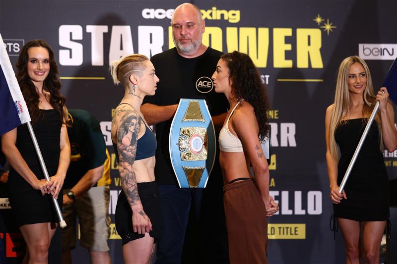 GOLD COAST, AUSTRALIA - DECEMBER 02: Jasmin Parr and Nicila Costello during the Ace Boxing Event weigh-ins at The Star Gold Coast on December 02, 2022 in Gold Coast, Australia. (Photo by Chris Hyde/Getty Images)