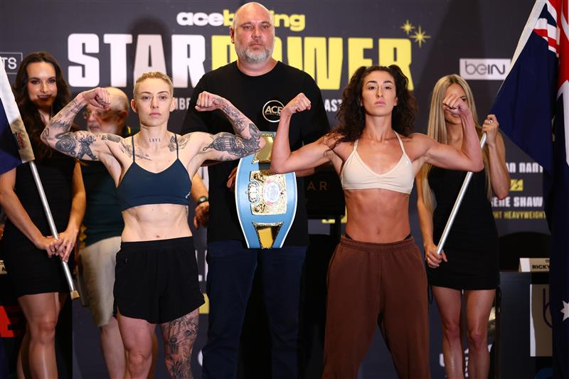 GOLD COAST, AUSTRALIA - DECEMBER 02: Jasmin Parr and Nicila Costello during the Ace Boxing Event weigh-ins at The Star Gold Coast on December 02, 2022 in Gold Coast, Australia. (Photo by Chris Hyde/Getty Images)