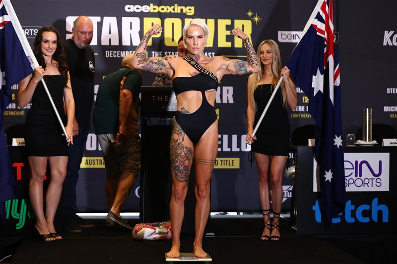 GOLD COAST, AUSTRALIA - DECEMBER 02: Bec Rodriguez during the Ace Boxing Event weigh-ins at The Star Gold Coast on December 02, 2022 in Gold Coast, Australia. (Photo by Chris Hyde/Getty Images)