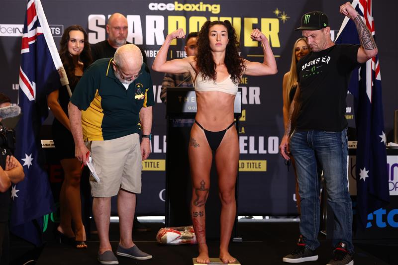 GOLD COAST, AUSTRALIA - DECEMBER 02: Jasmin Parr during the Ace Boxing Event weigh-ins at The Star Gold Coast on December 02, 2022 in Gold Coast, Australia. (Photo by Chris Hyde/Getty Images)