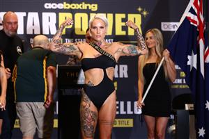 GOLD COAST, AUSTRALIA - DECEMBER 02: Bec Rodriguez during the Ace Boxing Event weigh-ins at The Star Gold Coast on December 02, 2022 in Gold Coast, Australia. (Photo by Chris Hyde/Getty Images)