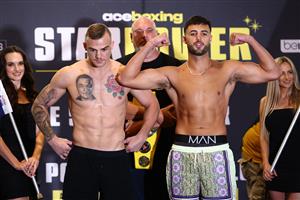 GOLD COAST, AUSTRALIA - DECEMBER 02: Ricky Esliva and Luke Modini face off during the Ace Boxing Event weigh-ins at The Star Gold Coast on December 02, 2022 in Gold Coast, Australia. (Photo by Chris Hyde/Getty Images)