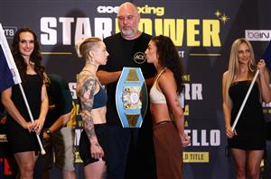 GOLD COAST, AUSTRALIA - DECEMBER 02: Jasmin Parr and Nicila Costello during the Ace Boxing Event weigh-ins at The Star Gold Coast on December 02, 2022 in Gold Coast, Australia. (Photo by Chris Hyde/Getty Images)