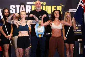 GOLD COAST, AUSTRALIA - DECEMBER 02: Jasmin Parr and Nicila Costello during the Ace Boxing Event weigh-ins at The Star Gold Coast on December 02, 2022 in Gold Coast, Australia. (Photo by Chris Hyde/Getty Images)
